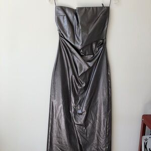 Vintage ZARA - Pewter Metallic Strapless Dress with Slit in the Back - Size 6